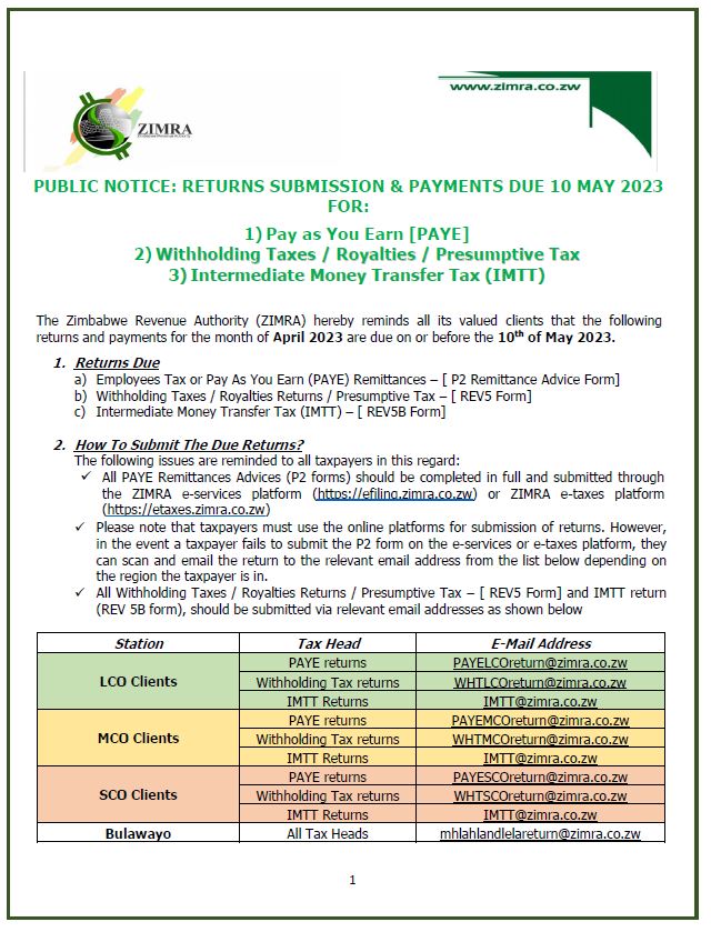 Zimra_11's tweet photo. Public Notice 24 of 2023  Returns and Payments due 10  May 2023
https://t.co/3fjdB4Qgtt https://t.co/a2XPXcmATx