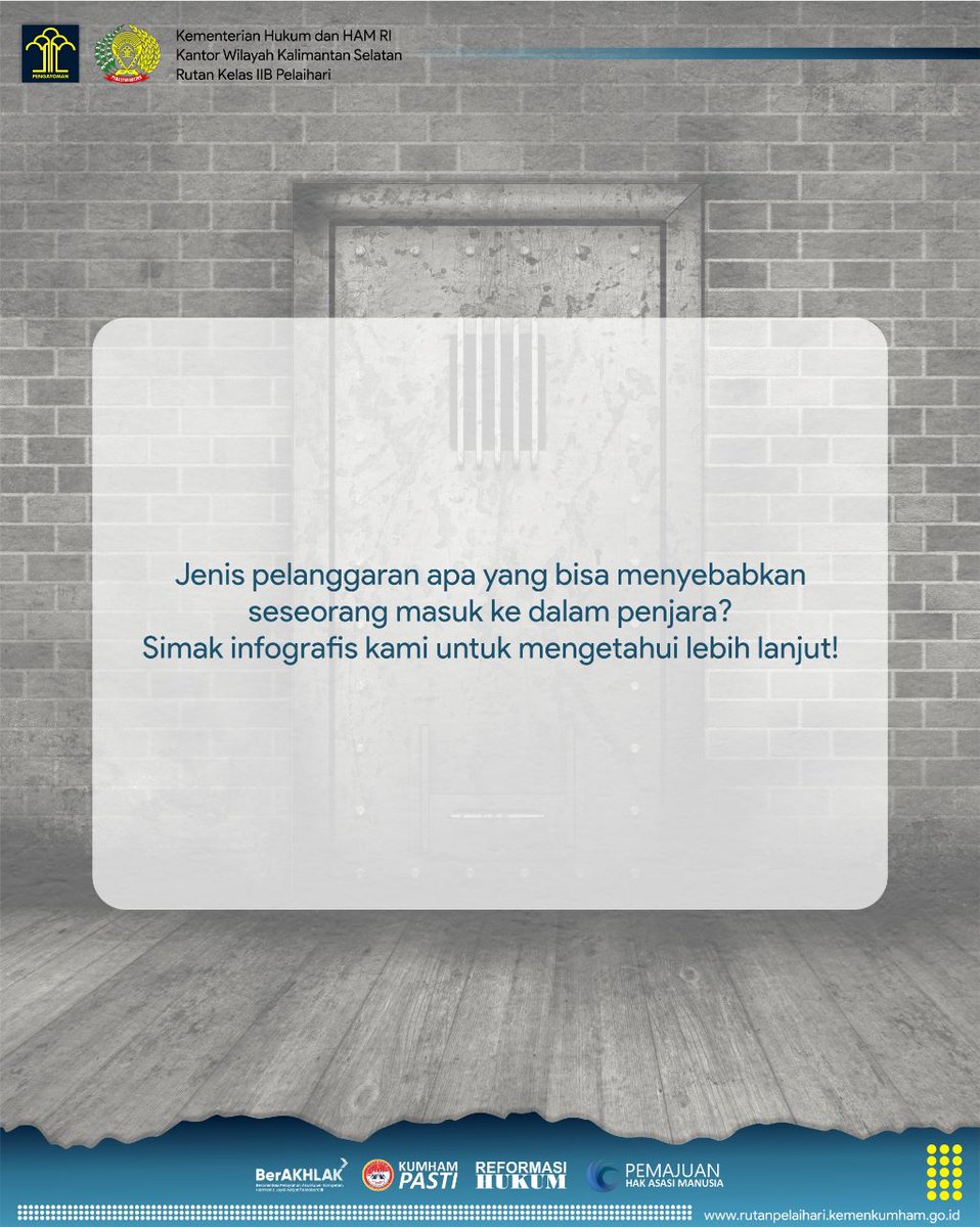 Fj2498's tweet photo. ENIS PELANGGARAN APA YANG BISA MENYEBABKAN SESEORANG MASUK KE DALAM PENJARA
Simak infografis kami untuk mengetahui lebih lanjut!
@kumham_kalsel
#KumhamKalsel
#FaisolAliKanwil
Kemenkumham Kalsel
Faisol Ali https://t.co/wFJPixsbgL