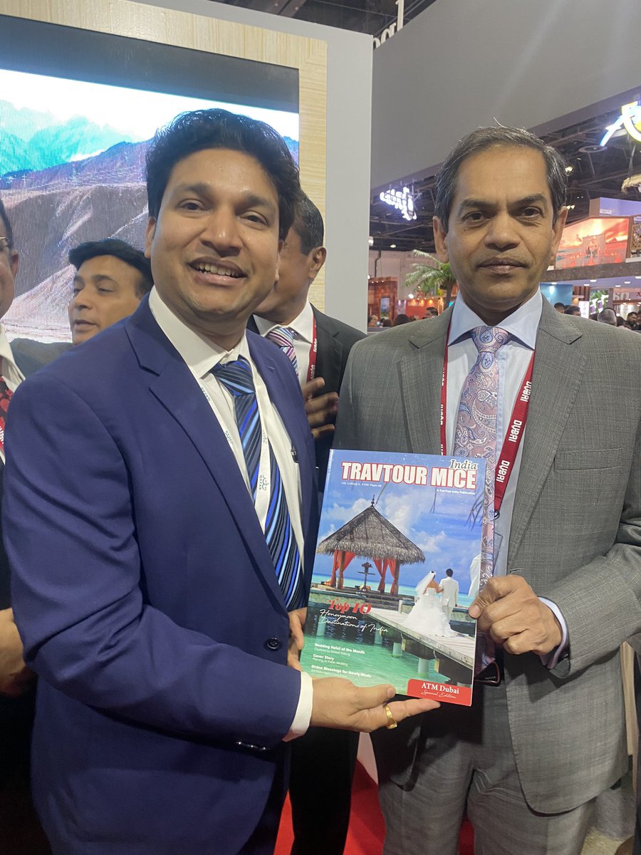 TravTourMICE's tweet photo. His Excellency Mr. Sunjay Sudhir, India’s Ambassador to the UAE officially released the #Weddings and #Honeymoon special May 2023 edition of @TravTourMICE magazine on 1 May 2023 during @ATMDubai at @DubaiWorldTrade. @IndiaInUAE 
#recognition #newrelease #printmedia #travtourmice https://t.co/z3ouOfWjqk