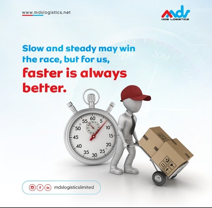 🚚 Faster is our mantra at MDS Logistics! 💨
We know time is precious, that's why we're here to speed things up! 
Connecting Nigeria, one city at a time 🇳🇬🌆
Your supply chain champions, delivering value and efficiency 🏆
#MDSLogistics #NigeriaLogistics #SpeedMatters #TimeIsMoney