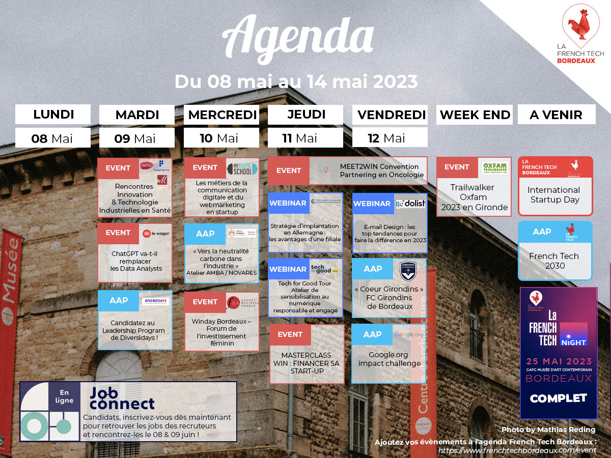 French Tech Bordeaux (@frenchtechbdx) on Twitter photo 📆 Vos évènements #FrenchTech #Bordeaux de cette semaine : #FrenchTechNight, #JobConnect, <a href="/UNITEC_Bdx/">UNITEC</a>, <a href="/LeWagonBordeaux/">Le Wagon Bordeaux</a>, <a href="/diversidays/">Diversidays</a>, <a href="/FemmesBA/">FBA</a>, <a href="/AM_Alumni/">Arts&Métiers Alumni</a>, @Dolist_FR, <a href="/girondins/">FC Girondins de Bordeaux</a>, <a href="/makesense/">makesense</a>, <a href="/BMstartupwin/">Bernard Magrez Start-Up Win</a>, @LatitudesTfG, <a href="/ccifrance_all/">CCI France Allemagne CCFA e.V.</a>...🔥
L'agenda 👉lc.cx/4uJiI51T4AR 📆 Vos évènements #FrenchTech #Bordeaux de cette semaine : #FrenchTechNight, #JobConnect, <a href="/UNITEC_Bdx/">UNITEC</a>, <a href="/LeWagonBordeaux/">Le Wagon Bordeaux</a>, <a href="/diversidays/">Diversidays</a>, <a href="/FemmesBA/">FBA</a>, <a href="/AM_Alumni/">Arts&Métiers Alumni</a>, @Dolist_FR, <a href="/girondins/">FC Girondins de Bordeaux</a>, <a href="/makesense/">makesense</a>, <a href="/BMstartupwin/">Bernard Magrez Start-Up Win</a>, @LatitudesTfG, <a href="/ccifrance_all/">CCI France Allemagne CCFA e.V.</a>...🔥
L'agenda 👉lc.cx/4uJiI51T4AR