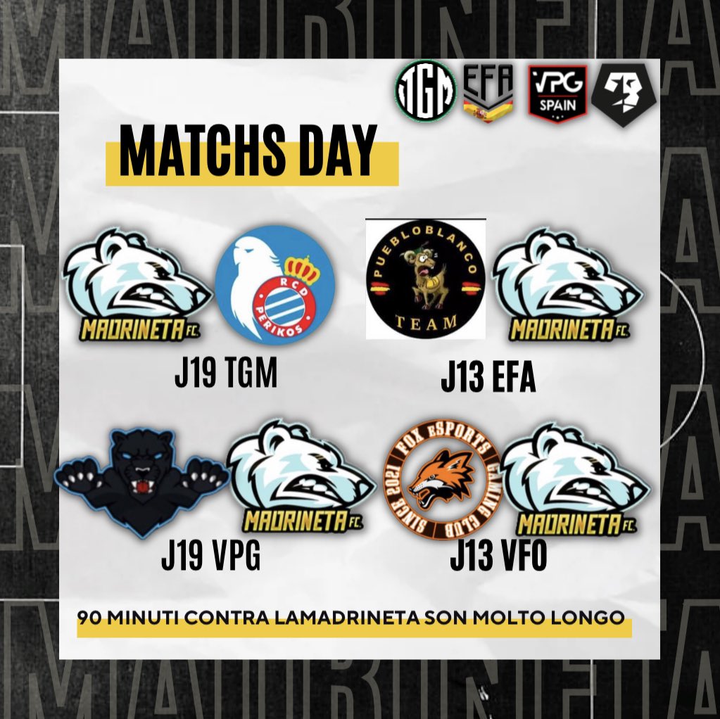 Madrineta eSports (@madrinetasports) on Twitter photo •🏆@Liga_TGM
•🆚<a href="/RCD_PERIKOS/">RCD PERIKOS</a>
•🏆@efaPSNspain
•🆚<a href="/PuebloblancoC/">Puebloblanco TM</a>
•🏆<a href="/VPG_Spain/">Virtual Pro Gaming España</a>
•🆚<a href="/PuertoeSports/">Puerto eSports</a>
•🏆<a href="/VFOspain_ps/">VFOspain PS</a>
•🆚@FOX_eSportsESP •🏆@Liga_TGM
•🆚<a href="/RCD_PERIKOS/">RCD PERIKOS</a>
•🏆@efaPSNspain
•🆚<a href="/PuebloblancoC/">Puebloblanco TM</a>
•🏆<a href="/VPG_Spain/">Virtual Pro Gaming España</a>
•🆚<a href="/PuertoeSports/">Puerto eSports</a>
•🏆<a href="/VFOspain_ps/">VFOspain PS</a>
•🆚@FOX_eSportsESP