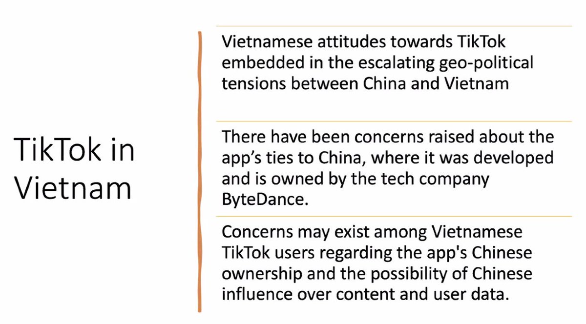 Vietnam has heavy kid internet use, and TT is a big part of that, but TT regulation needs to be understood against larger political context re China, as well....From Viet Tho Le...
