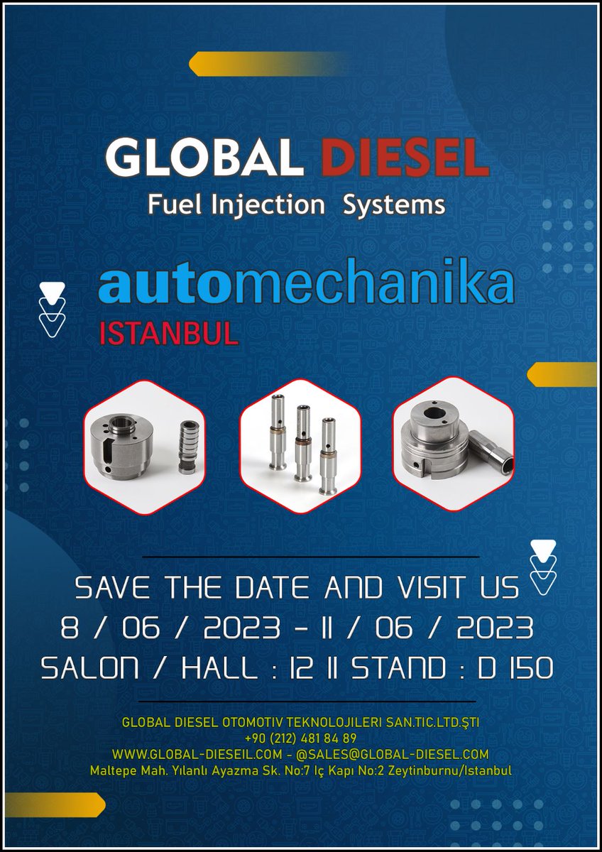 GlobalDIESEL_'s tweet photo. Are you coming? ll هل انت قادم ؟ ll ¿Vienes? ll Viens-tu?
Automechanika İstanbul 2023
🗣️ : 🇹🇷, 🇬🇧 &amp; 🇸🇦
📱 : +90 537 777 16 13
✉️ : Aslan@global-diesel.com
___________________________________
#dieselinjectors #commonrail #injector #dieselinjector #fuelinjector #cummins #diesel https://t.co/ymleoLNL3d