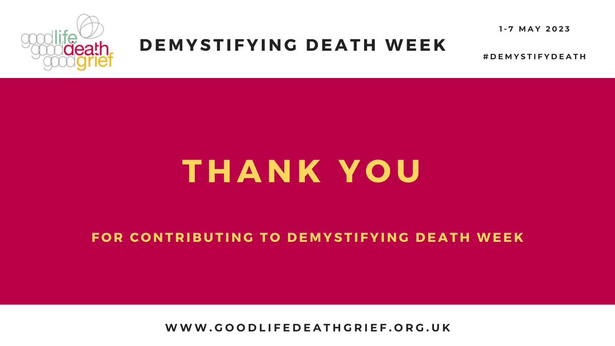 Brilliant work by everyone involved putting on events and signposting to resources to #DemystifyDeath last week. 👏👏👏

Still some excellent events coming up: goodlifedeathgrief.org.uk/blogs/demystif…

Also, check out @NHSGGC_ACP's programme which continues all this week. nhsggc.scot/your-health/pl…