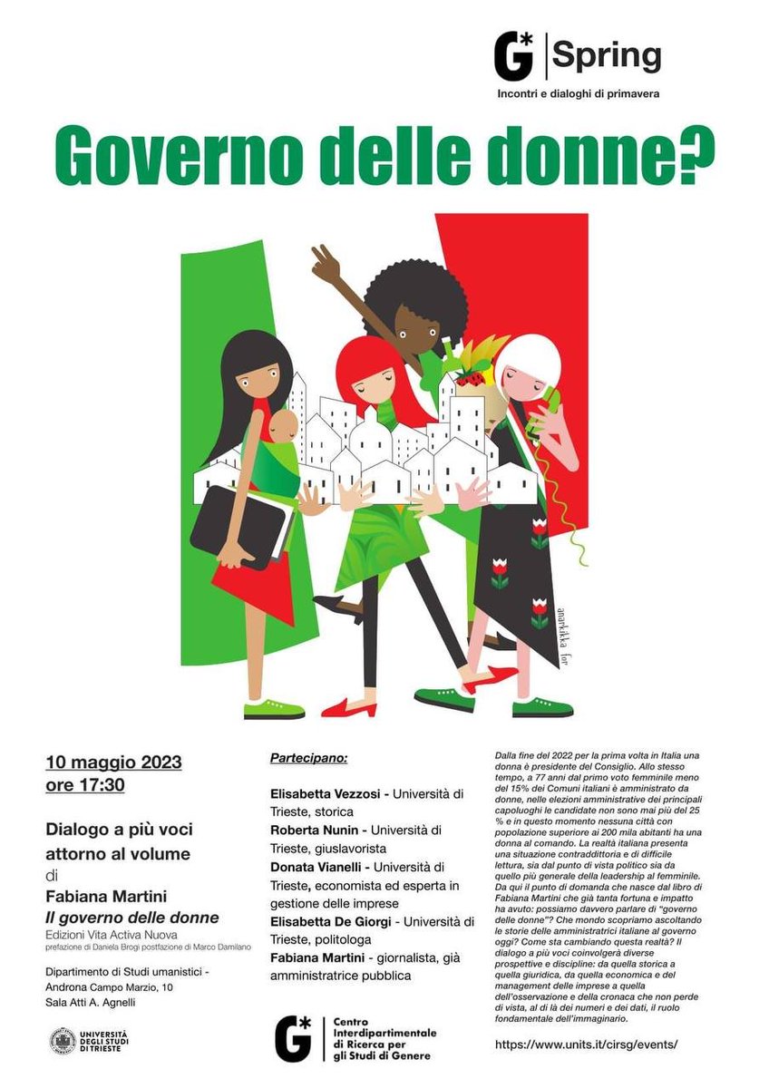Il #10maggio si terrà l'incontro intitolato "Governo delle donne?", organizzato dal Centro interdipartimentale di ricerca per gli Studi di Genere.

Un dialogo a più voci attorno al volume di Fabiana Martini "Il governo delle donne".

ℹ️ units.it/news/governo-d…