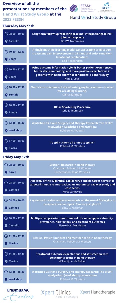 HwStudy's tweet photo. Hand Wrist Study Group x FESSH-EFSHT 2023 🤝
With a total of 18 presentations, 6 posters, 3 sessions, and 2 workshops, we are excited to share our latest research and developments! Please have a look at our program below. See you there!
#FESSH #EFSHT #handsurgery #handtherapy https://t.co/pXbKTstOdI