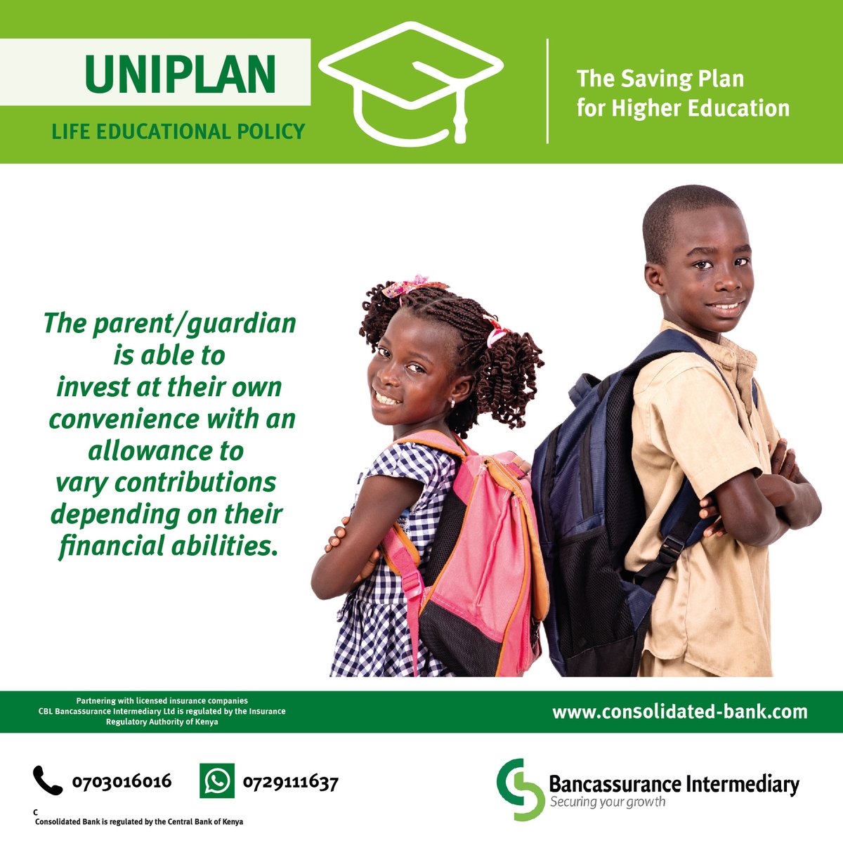 consolidatedKe's tweet photo. Here is an innovative way to save up for your children's future. Start saving with us NOW and enjoy a guaranteed compound interest of 5%per year! 🥳
#UniPlan #ConsolidatedBankKe #StartSaving #StudentSaving https://t.co/cOdjbX7DWI