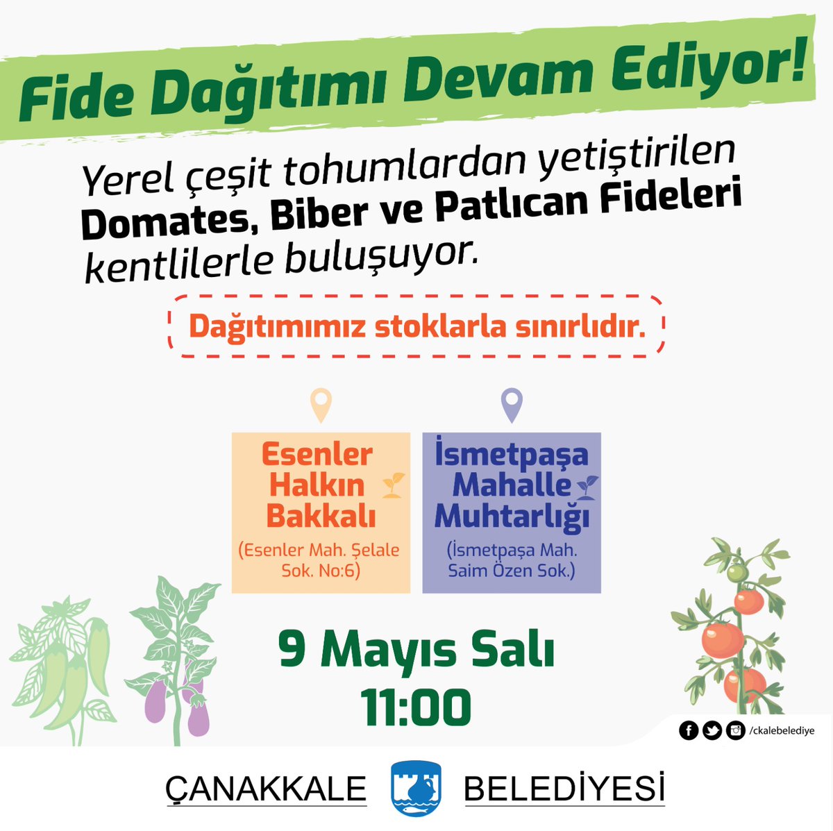 📣 Fide Dağıtımımız Devam Ediyor... Belediyemize ait seralarda yerel çeşit tohumlardan yetiştirilen domates, biber ve patlıcan fideleri 9 Mayıs Salı saat 11.00'de Esenler Halkın Bakkalı ve İsmetpaşa Mahalle Muhtarlığı'nda kentlilerimize dağıtılacaktır. 🌱