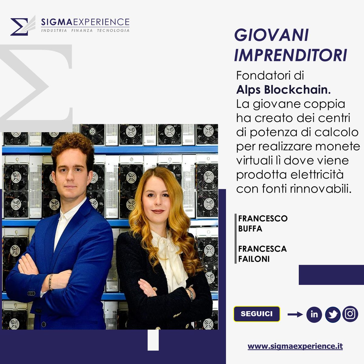 sigmaexperience's tweet photo. 🧠 Francesco Buffa e Francesca Failoni sono i fondatori di Alps Blockchian – società specializzata in ricerca e sviluppo in blockchain e mining servendosi solo energia pulita. 
#talenti #giovani #imprenditori #tecnologie #innovazione #blockchain #sostenibile #sigmaexperience https://t.co/zESDFMAkJz