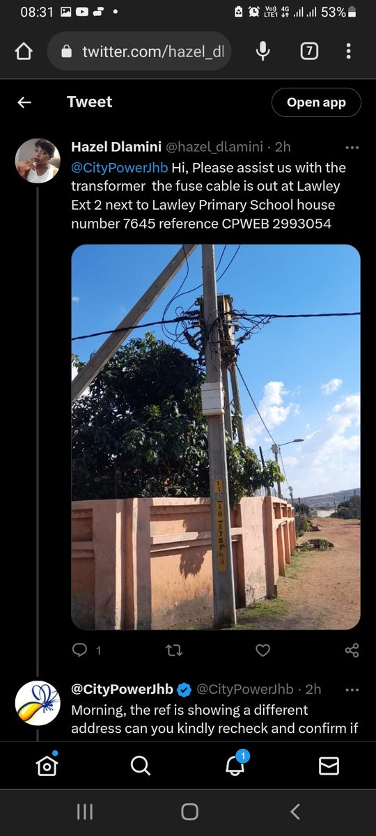hazel_dlamini's tweet photo. @CityPowerJhb Hi  reference number CP 2993054 house number 7645 Lawley ext 2 next to Lawley  Primary School, we log a call and it's been 5 days now we don't have electricity the transformer fuse is out and we would like assist yesterday it was escalated no assistance https://t.co/i7FNX06vld