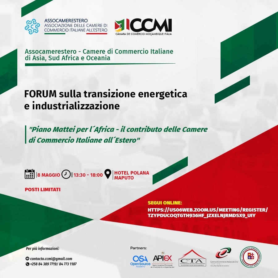 donelli1911's tweet photo. In #Mozambico per il "#Forum sulla #Transizione #Energetica ed #Industrializzazione" di @assocamestero e @ConselhoMzIt e condividere l'esperienza di @LE2Cluster con progetto #eseca e la nostra, a pochi giorni da avvio di un nuovo progetto.
Info: https://t.co/sQmubJQH0N https://t.co/9Sd9acUh0H