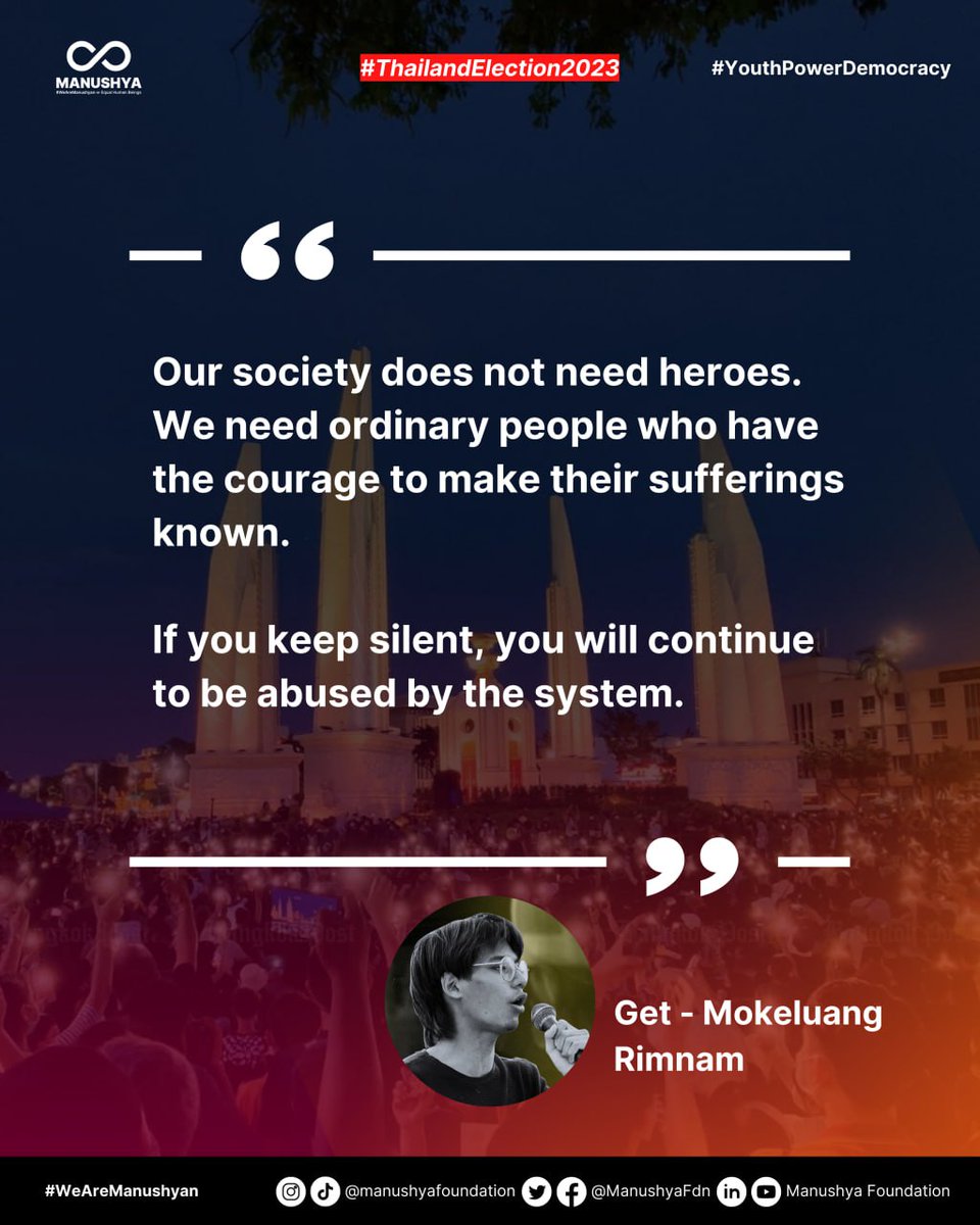 ManushyaFdn's tweet photo. Get envisions the road to restoring democracy beyond the elections and puts forward the necessity to set in stone freedom of expression in Thailand.
#Repeal112 #ThailandElection2023 #MonarchyReform https://t.co/RtRiGwfqqc
