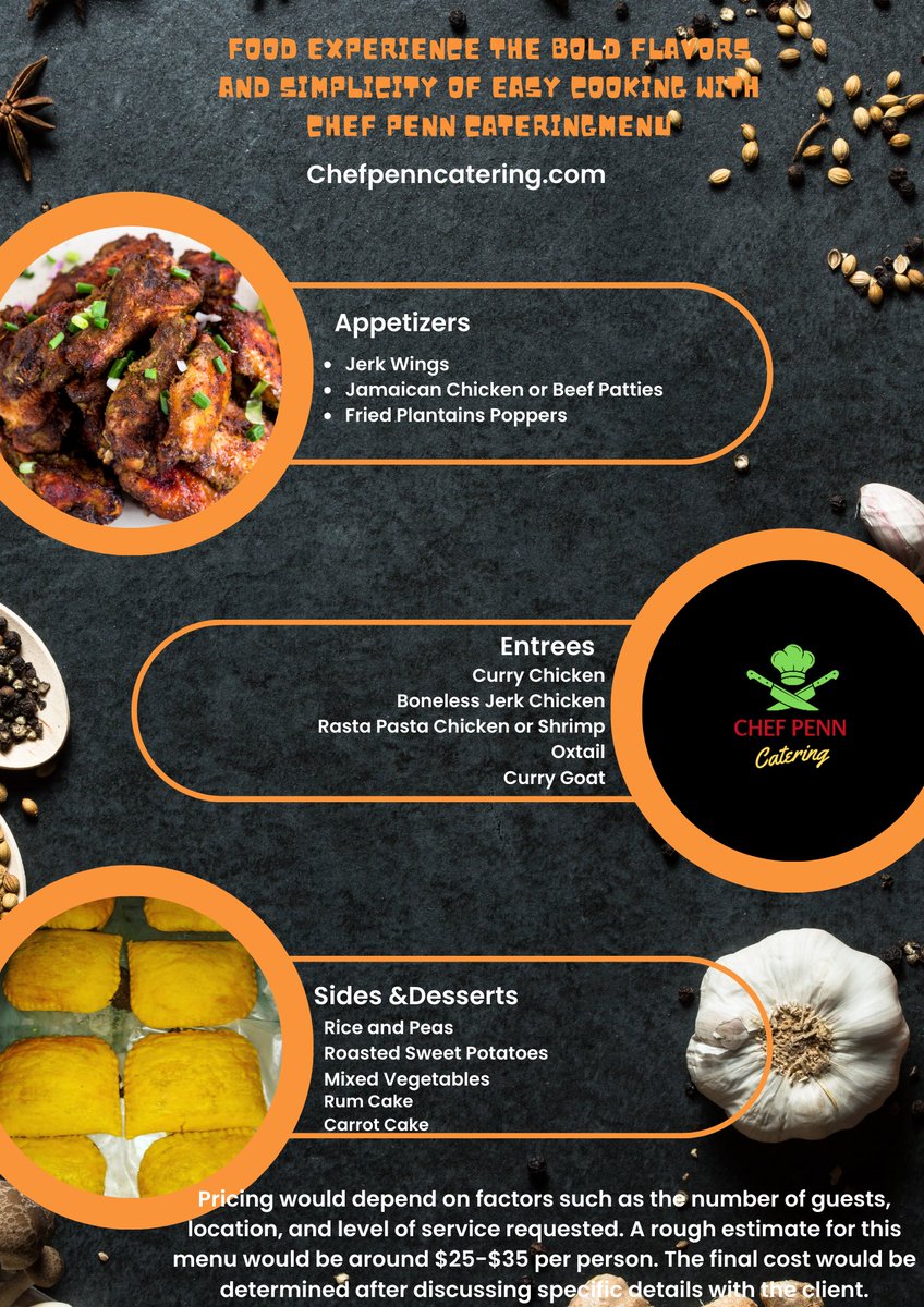 ChefPenncaterin's tweet image. &quot;Experience the joy of soulful cooking with Chef Penn! 🍴 Book your private chef or event catering today and enjoy a custom menu tailored just for you. #SoulFood #EventCatering #CustomMenu #FoodExperience #Foodie @TakeaChef @JamaicanCuisine&quot;