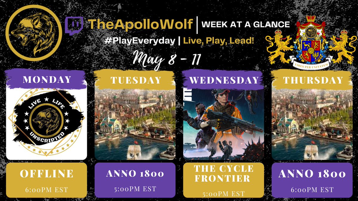 Hello everyone! Here's a peek at what is coming up this week! Lots of Anno going for that 10,000 investor push! Hope to see you there! twitch.tv/TheApolloWolf 
.
.
.
.
#PlayEveryday #Gaming #Twitch #TwitchStreamers #Stream #Live #SupportSmallStreamers #twitchaffiliate #gamer…