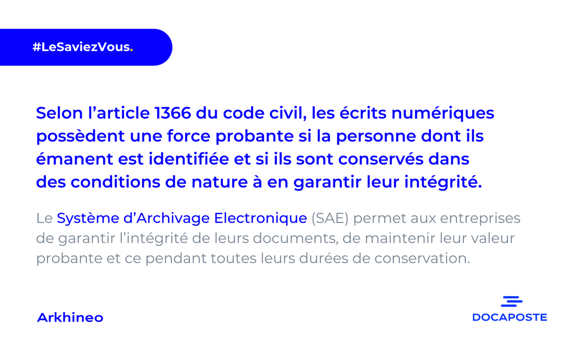 #DuréesDeConservation | En France, les documents des #entreprises sont soumis à des obligations de conservation. Les durées légales de #conservation varient selon les codes, règlementations et normes qui les encadrent.

#archivage #obligationslégales #compliance #SAE #data