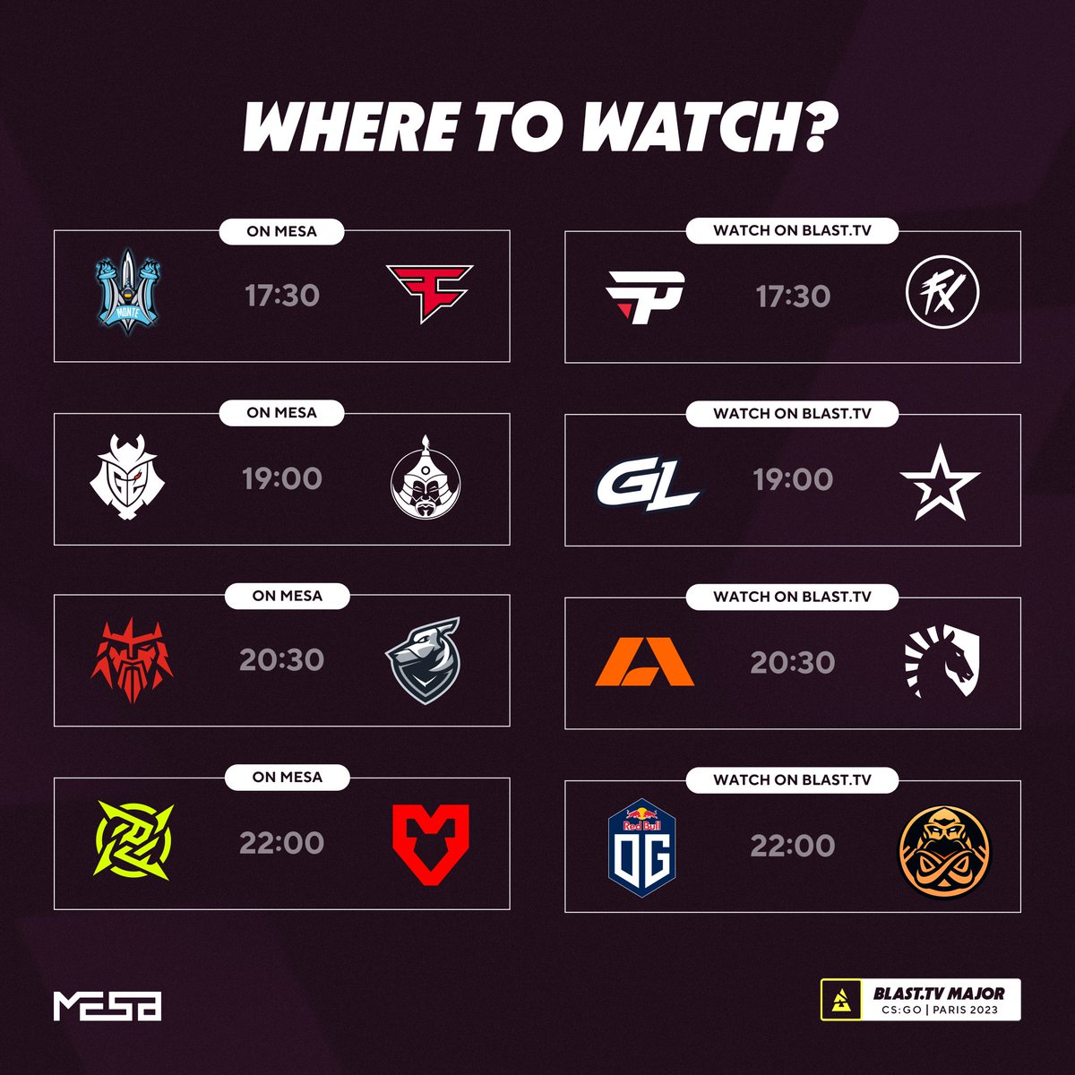 Here is your BLAST.tv Paris major 'Challengers' stage schedule. You can watch our broadcast on Facebook and Youtube channels. Broadcast : bit.ly/mesalive