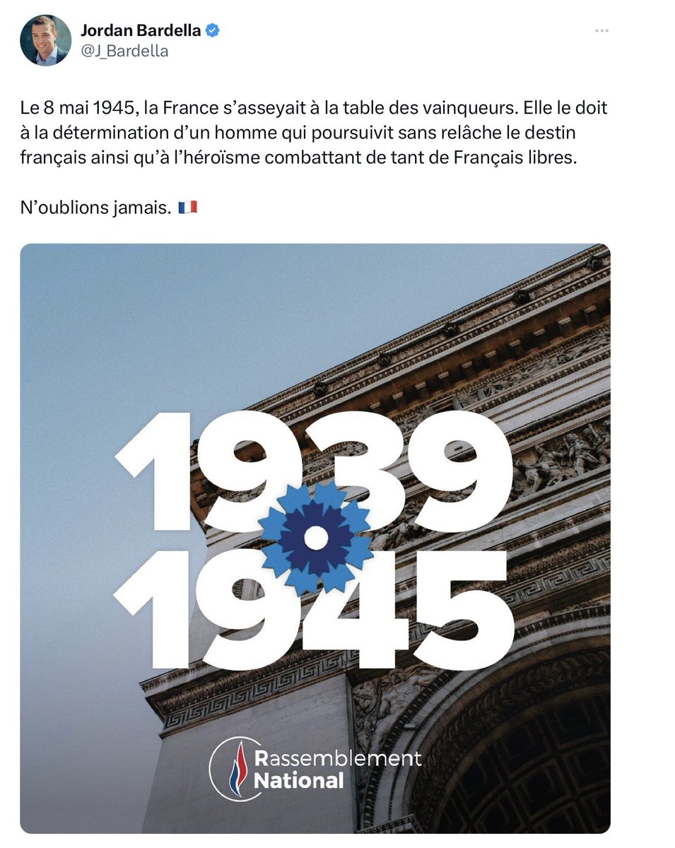 Le 8 mai, nous célébrons aussi la défaite de ceux dont ce parti, cofondé par un ancien Waffen SS,  est l’héritier. 
N’oublions jamais. 🇫🇷