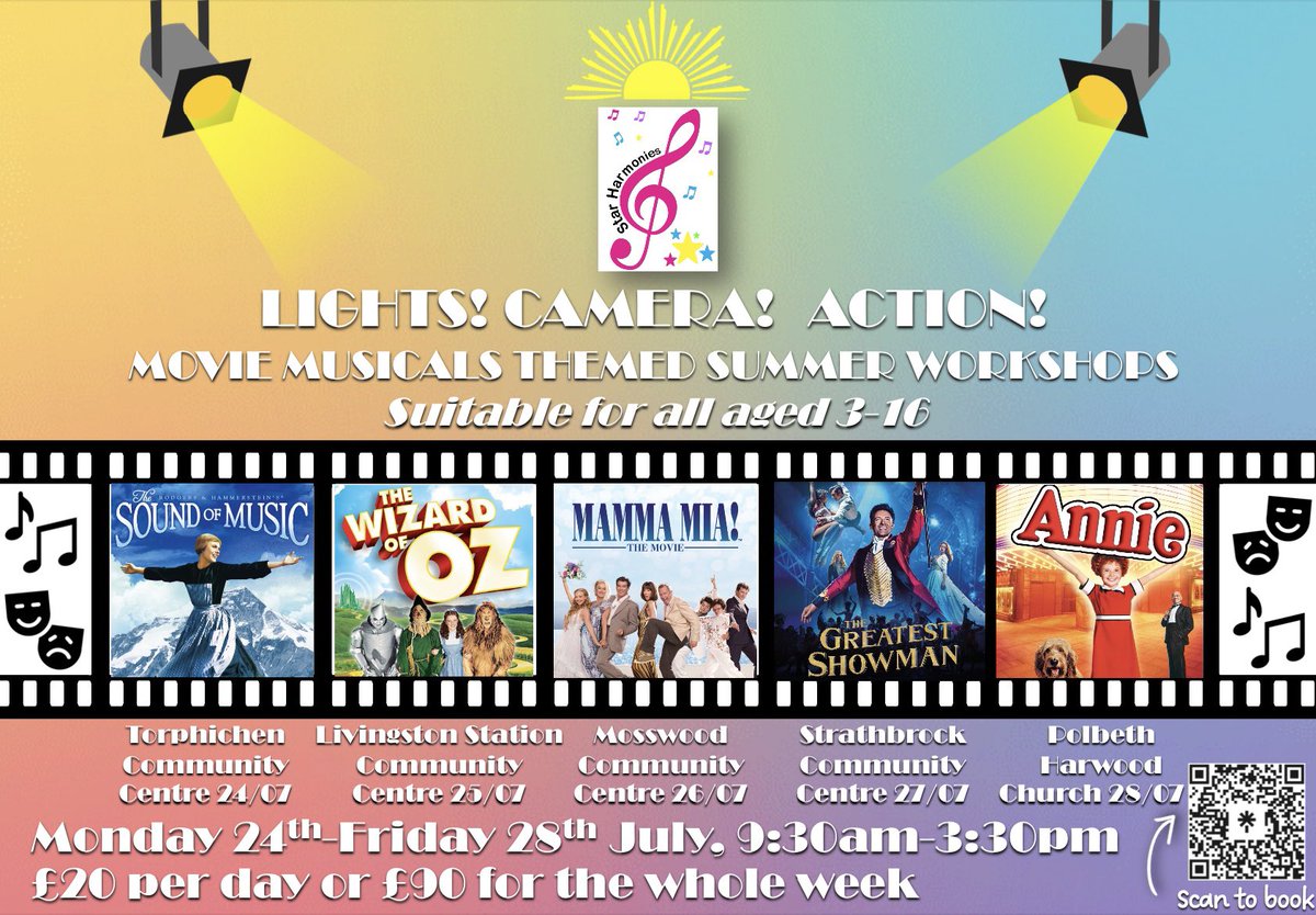 StarHarmonies's tweet photo. ☀️SUMMER WORKSHOPS☀️
🎥MOVIE MUSICALS🎵

We are delighted to announce our 2023 Summer Workshops will take place Monday 24th-Friday 28th July, 9:30am-3:30pm at various venues across West Lothian.

Only £20 a day or £90 for the week! Early booking advised🤩

https://t.co/bV2yZMqO4i https://t.co/cz6YSdn2gP