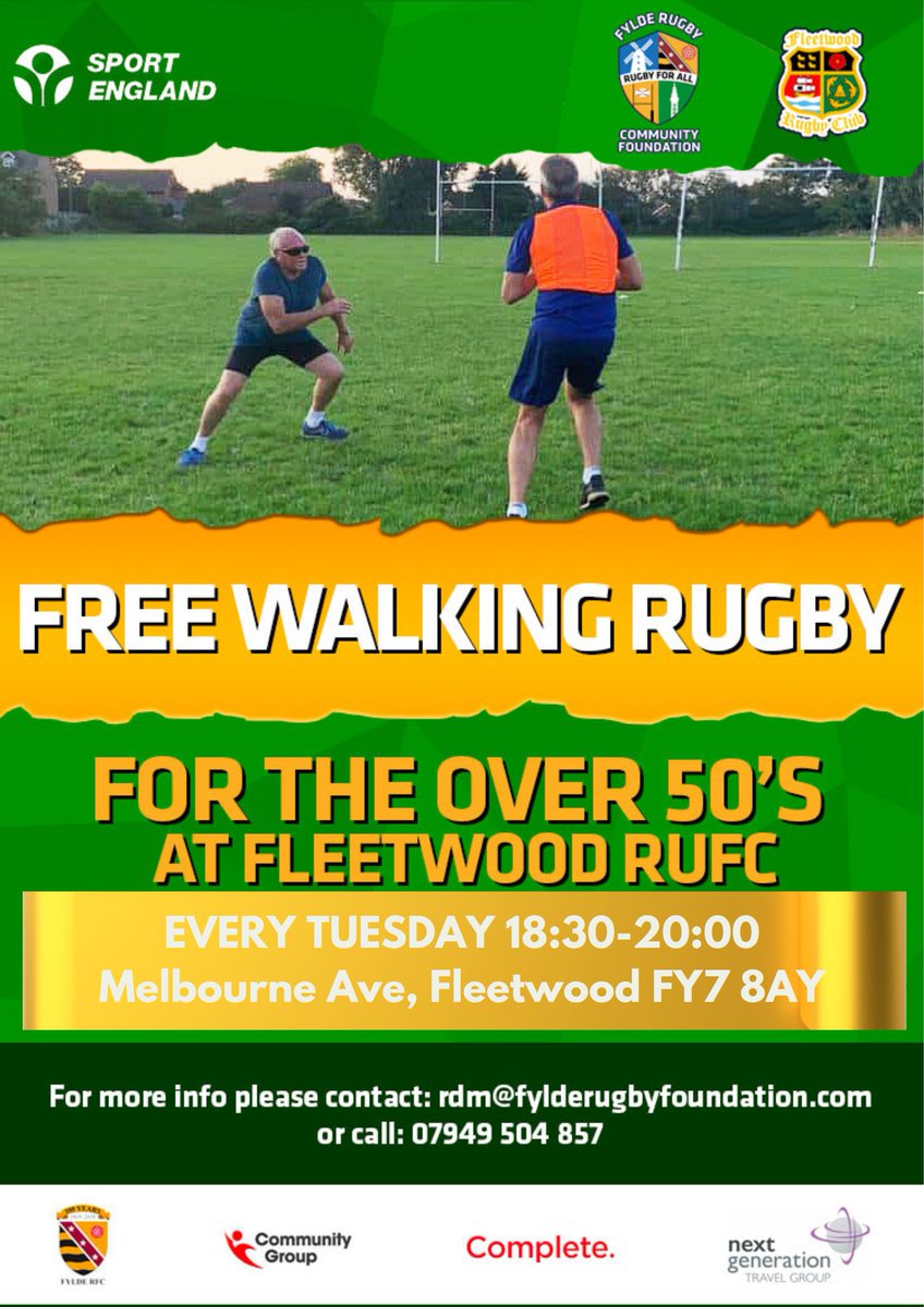 FyldeRugbyFdn's tweet photo. 🏉Get ready to join us for some fun and active evenings at our Fleetwood Walking Rugby programme! Every Tuesday from 6:30-8pm, come stay fit and connect with others in the community. Best of all, it's completely FREE! 💰 #FleetwoodWalkingRugby #Over50sFitness #GetActiveStayActive https://t.co/sUwQe6xieP