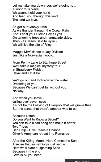 That's for all the nice comments about #RickyTomlinson's speech at #Eurovision. It's more of a puzzle than a poem. All the words are from Liverpool songs. See how many you can spot: