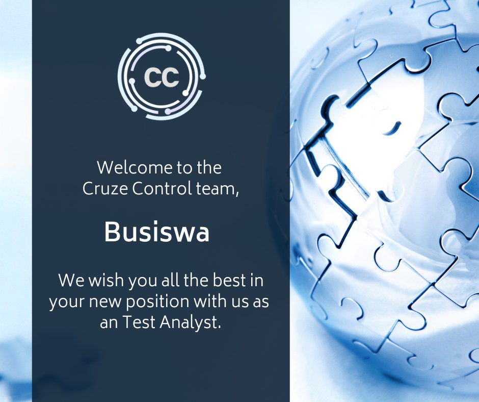 CruzeControl_'s tweet photo. Welcome to the Cruze Control team, Busiswa!
We wish you all the best in your new position with us as a Test Analyst.
Interested in finding a new IT role? Email: jobs@cruzecontrol.io
#newjoiner #goodluck #jointheteam #itrecruitement #testanalyst #Testers #nowhiring #alwayshiring https://t.co/lWsgDHYcWQ