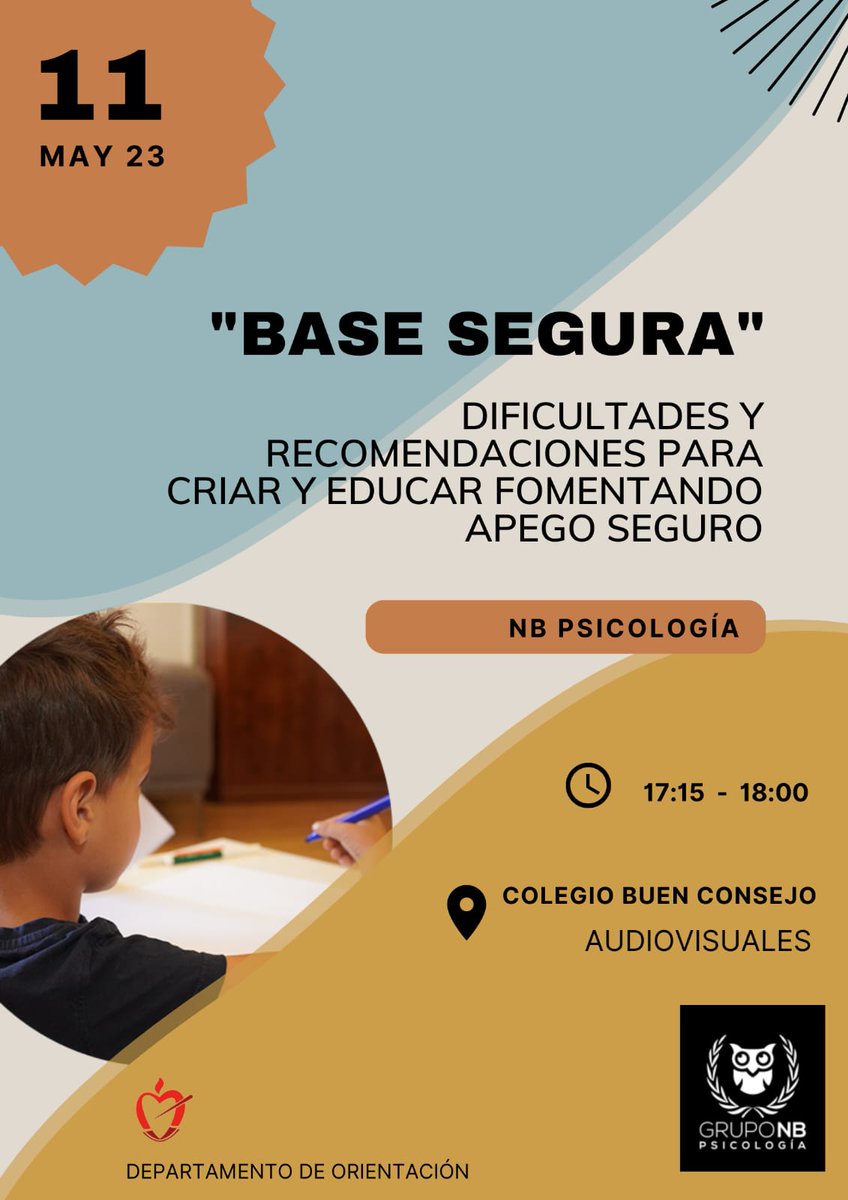 ApaCBCmadrid's tweet photo. Estimadas #familias 👨‍👨‍👧‍👧 os informamos que el próximo 11 de mayo a las 17:15 tendréis a vuestra disposición en la sala de audiovisuales del @buenconmadrid  una nueva sesión de #Escuelasdefamilias #Basesegura 🤔 para E. #Infantil y E. #Primaria 

@ApaCBCmadrid https://t.co/yld57qKbCv