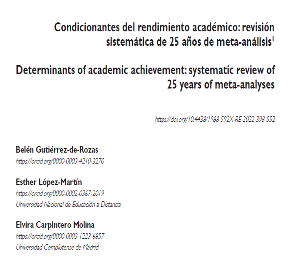 🗣️ LA FACULTAD INVESTIGA 🧐👉 Las profesoras Belén Gutiérrez-de-Rozas y <a href="/estherl_m/">Esther López-Martín</a> publican el artículo "Condicionantes del rendimiento académico: revisión sistemática de 25 años de meta-análisis" en Revista de Educación <a href="/educaINEE/">Educación INEE</a> ¡Enhorabuena! recyt.fecyt.es/index.php/Redu… 👏👏👏👇