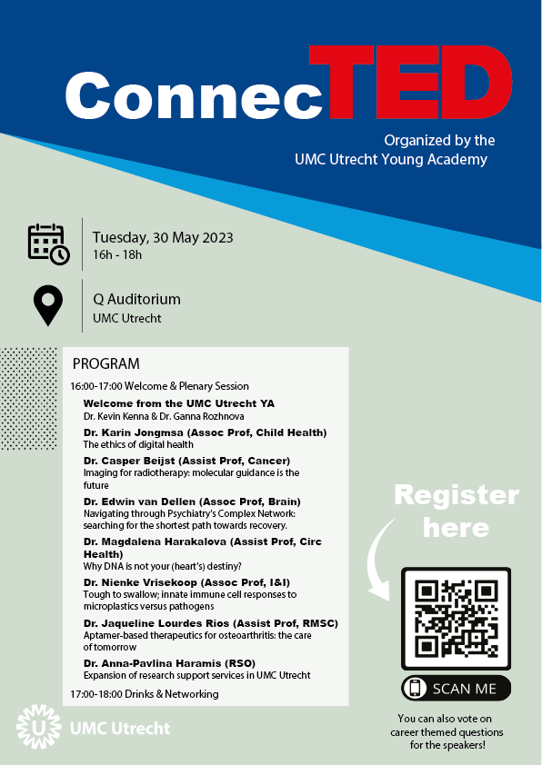 Join our next ConnecTED event, May 30th from 16:00 - 18:00! With 7 interesting, TED-style mini presentations and drinks &amp; networking afterwards. Program and registration on the poster. See you there!