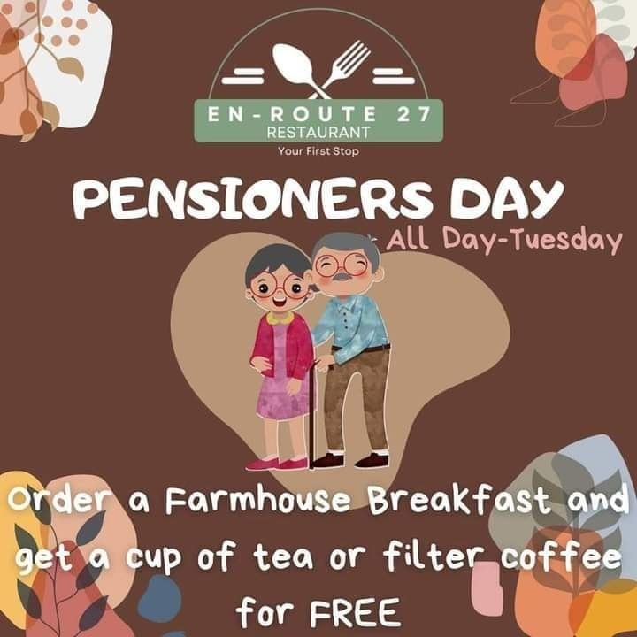 Enroute27's tweet photo. We care about our Pensioners at En-Route 27 Restaurant. We have a Pensioners Day Every Tuesday, Breakfast available the whole day. Buy a Farmhouse Breakfast and get a FREE cup of Filter Coffee or Tea. Find us at Weskus Padstal.
#enroute27 #pensionersday #yzerfontein #darling https://t.co/7zTTNlWxe1