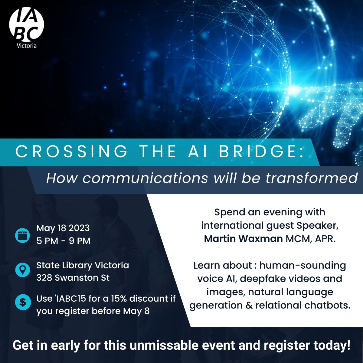 Get in early for what is sure to be an unmissable event with special guest Martin Waxman, MCM, APR, who will discuss the latest AI trends and how it will impact communications. Note: The special discount code is still active! Register now: crossingtheaibridge.floktu.com