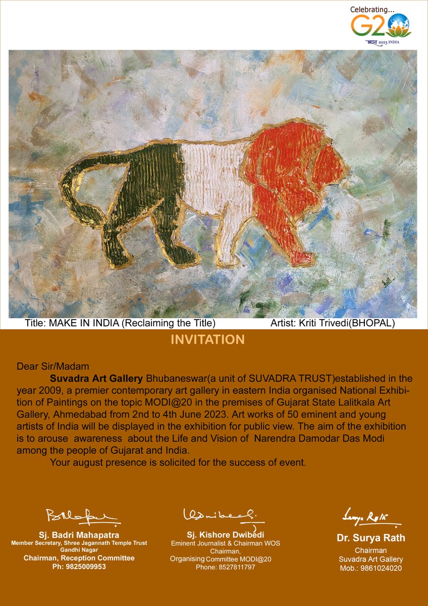 #MakeInIndia #IndiaNews #IndiaArtNews #upcomingexhibition #modi_20_exhibition_AHMEDABAD #Exhibition_update #suvadraartgallery #Modi #India #G20Summit2023 #g20indiapresidency #G20Bharat #suryarath #kishoredwibedi #badrimahapatra #gujarat #Ahmedabad