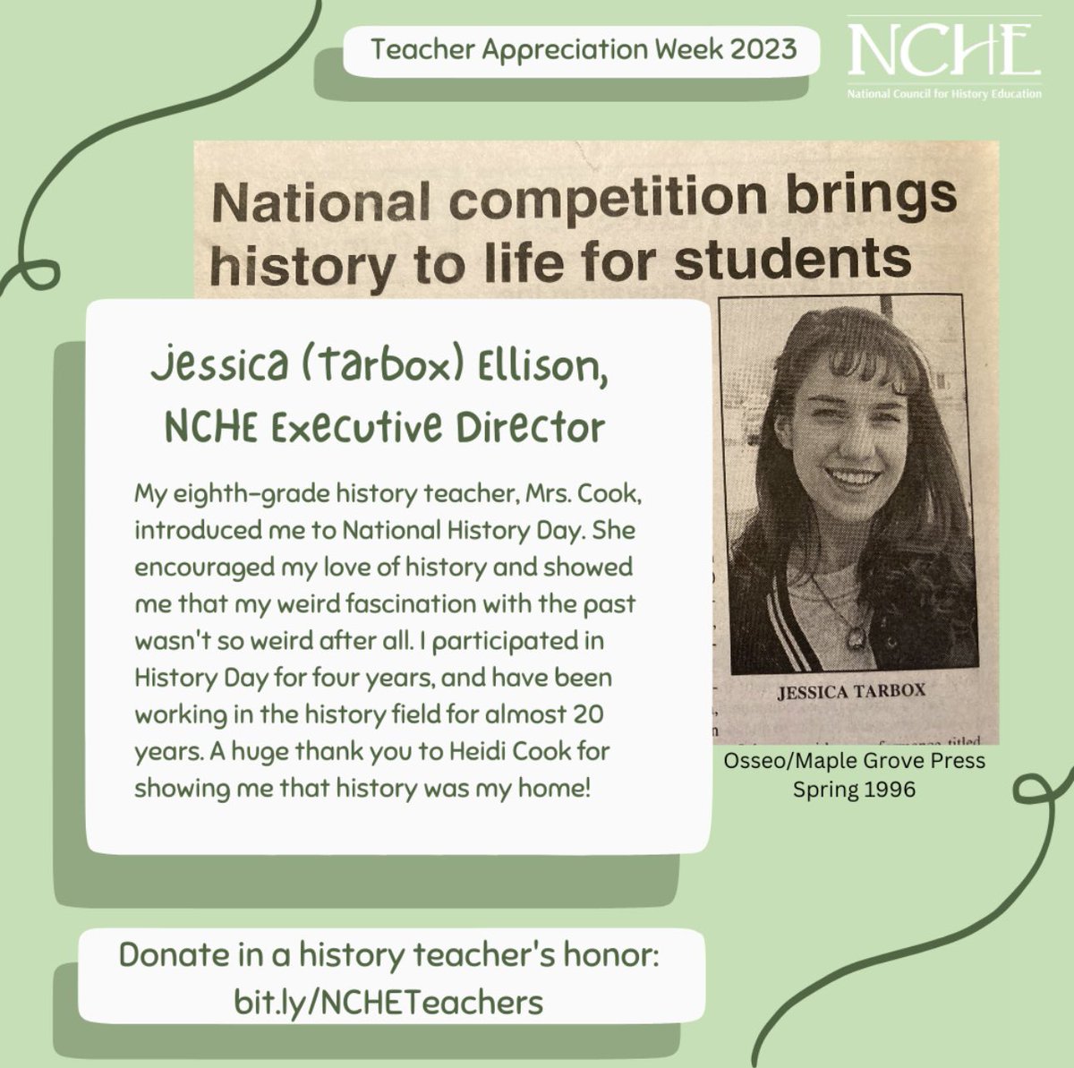 Happy Teacher Appreciation Week! 🍎♥️

This week our staff will be sharing about history teachers who inspired us. 

Up first — <a href="/jessellison/">Jessica Ellison</a>, Executive Director 

(1/2)

#historymatters #teacherappreciationweek