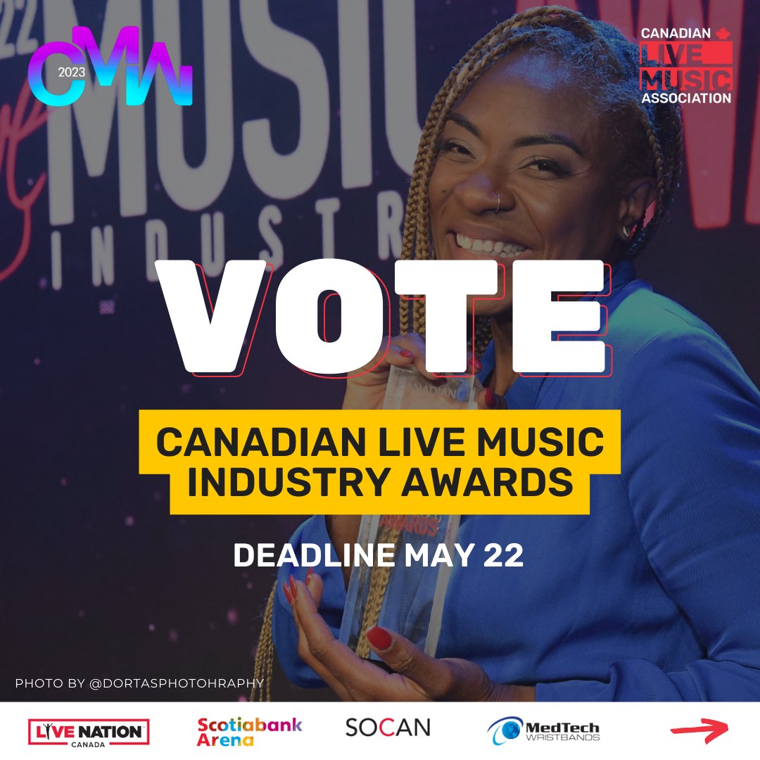 Canadian_Live's tweet photo. Live music industry workers: VOTE for the 2023 Live Music Awards recipients who most deserve recognition at the CLMIAs show on June 9 at @CMW_Week! 

Vote here: https://t.co/fR230vMzJX
#ForTheLoveOfLIVE https://t.co/NxrVvoh9fP
