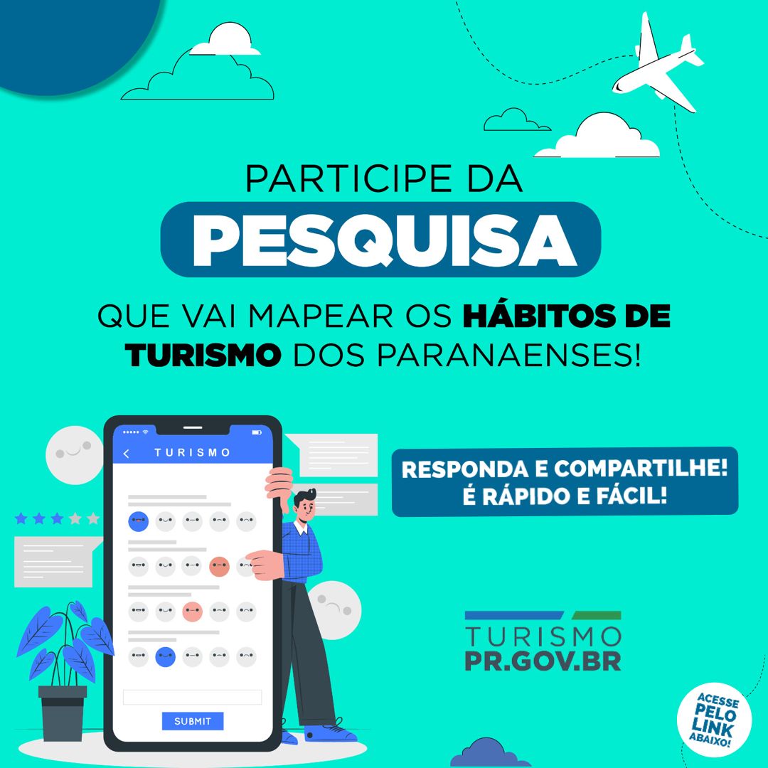depmarcionunes's tweet photo. A Secretaria de Estado do Turismo lançou uma pesquisa online com o objetivo de  conhecer a opinião e percepção da população paranaense sobre o turismo. É rápido e fácil! 

👉🏼ACESSE:  https://t.co/925zIaAQhU https://t.co/aOufNRzdVp
