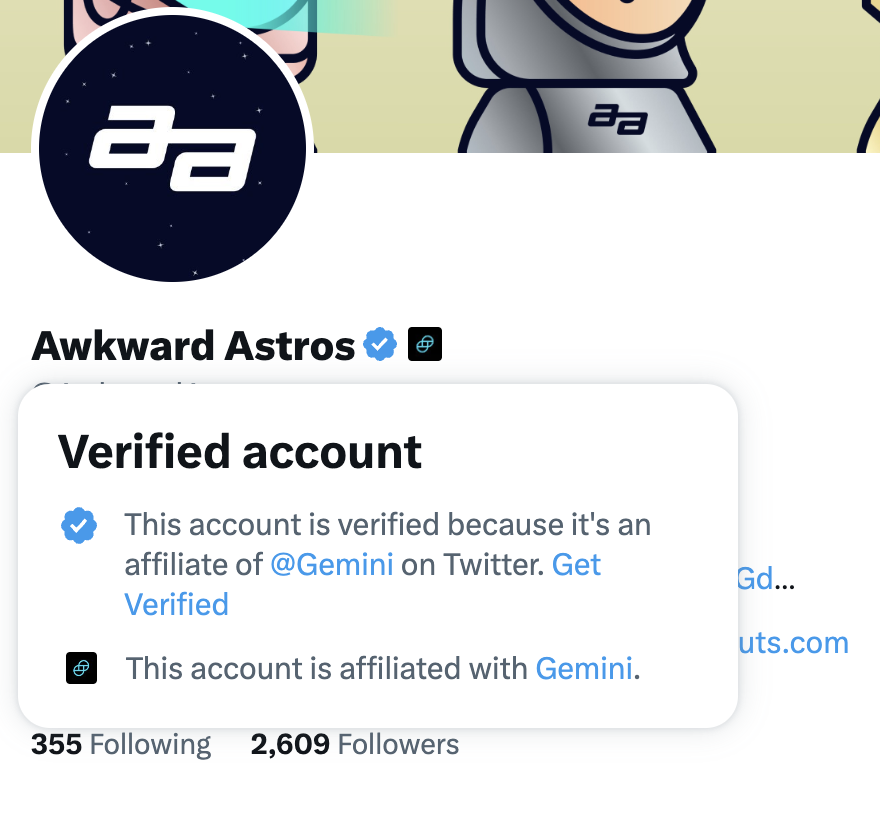 AwkwardAstros's tweet photo. ☝️ It’s official cadets, our Twitter is now verified as an affiliate of @Gemini 🫡 let’s gooo!! https://t.co/dqxLSsqJs5