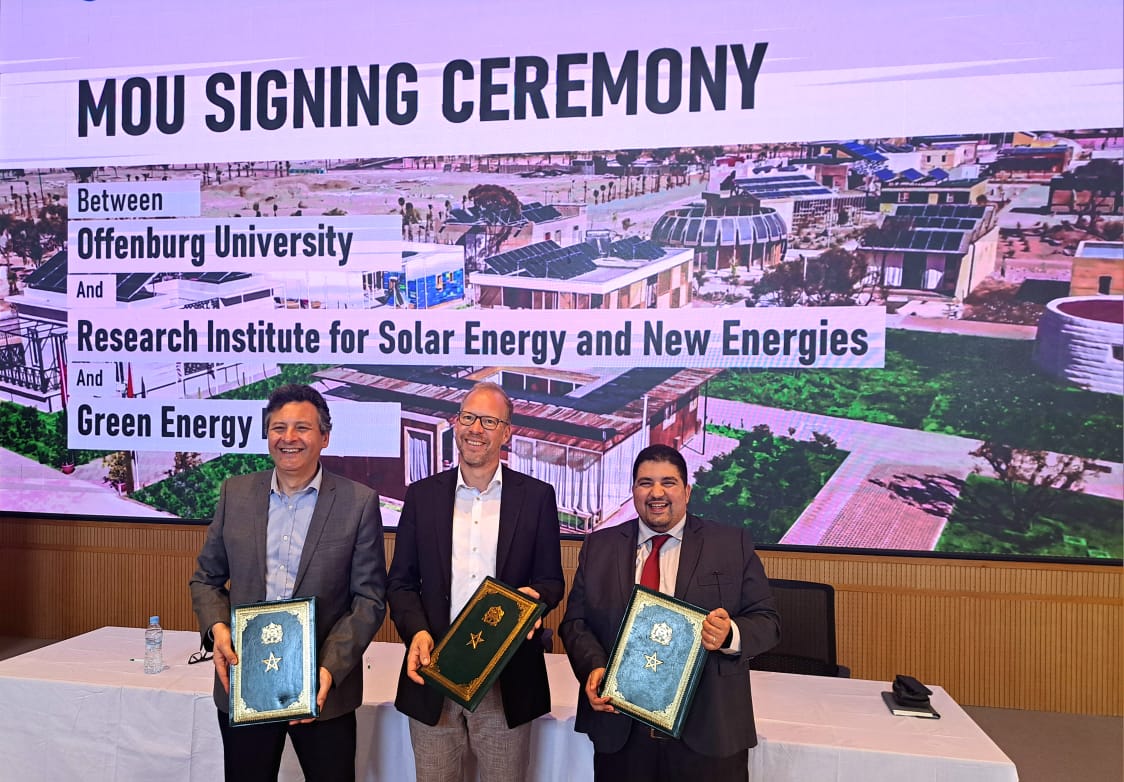 GepMaroc's tweet photo. @GepMaroc and @IRESEN today signed a Memorandum of Academic Cooperation and Exchange with Hochschule Offenburg (HS0) to further develop cooperation and exchange activities in the fields of #renewableenergy, #greenbuilding, #smartgrids, #mobility, #digitalization.
#Maroc #Germany https://t.co/WYiKjid9bP