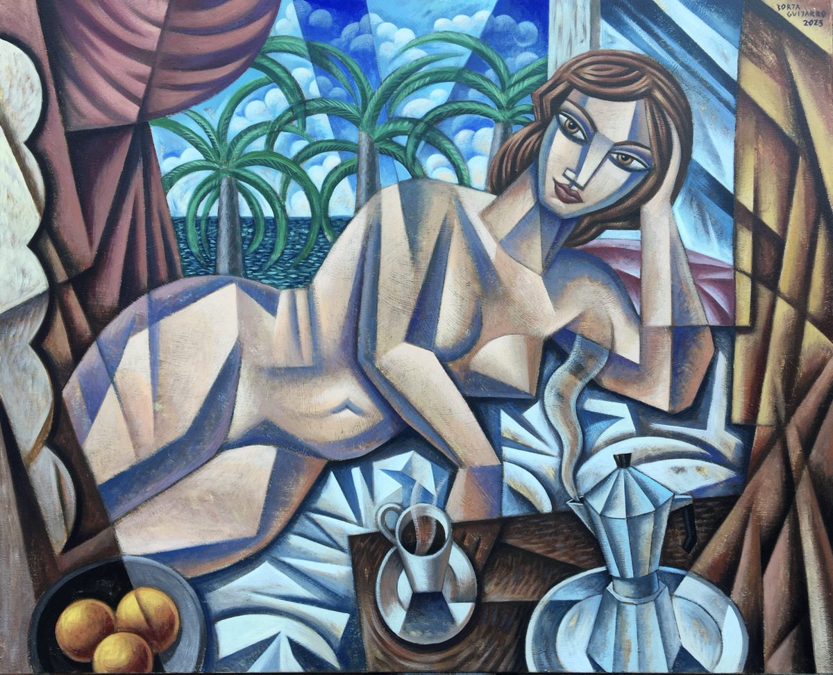 This cubist painting by Borja Guijarro looks like the best way to spend the bank holiday! This piece has a modernist feel, and the graceful subjects make it a voguish illustration to enliven a bare wall. #spanish #stilllife #spanishart #mondaymood #cubism