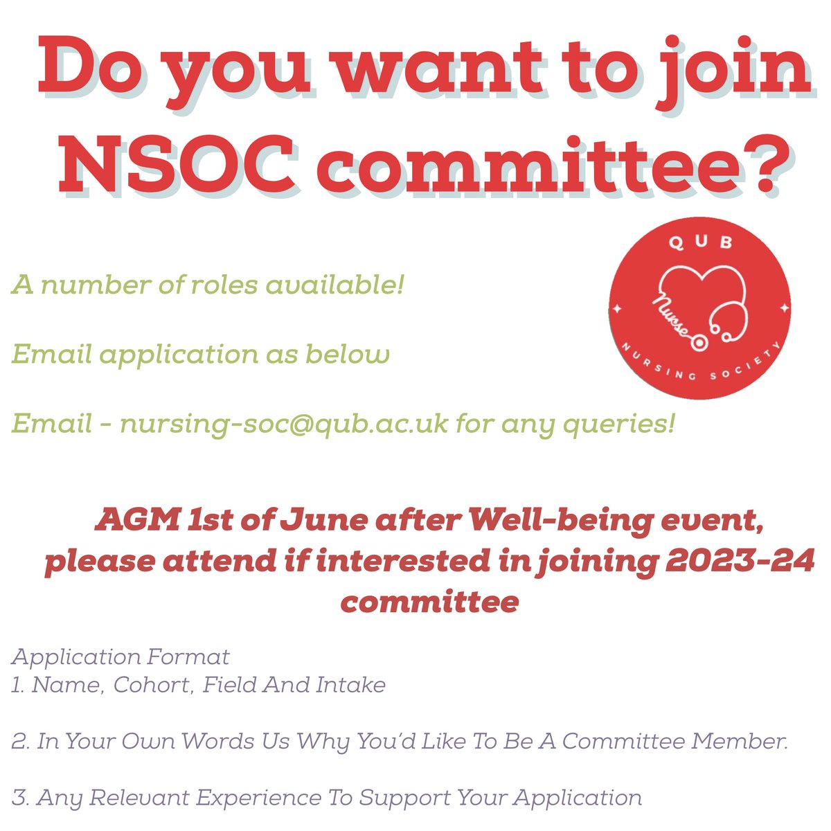 QUB Nursing Society (@qubnsoc) on Twitter photo Remember to get your applications in to join the NSOC committee for 2022-23. Email to nursing-soc@qub.ac.uk and save the date 1st June for AGM❤️📚 Remember to get your applications in to join the NSOC committee for 2022-23. Email to nursing-soc@qub.ac.uk and save the date 1st June for AGM❤️📚
