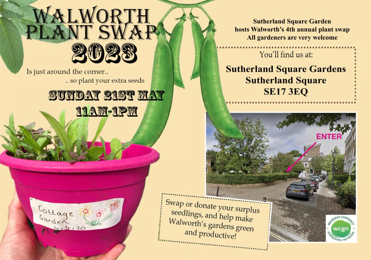 CgnWalworth's tweet photo. The Walworth Plant Swap is back! Hosted this year by growers in Sutherland Square. Sunday 21st May. 11am - 1pm. https://t.co/J4srMTYeKJ