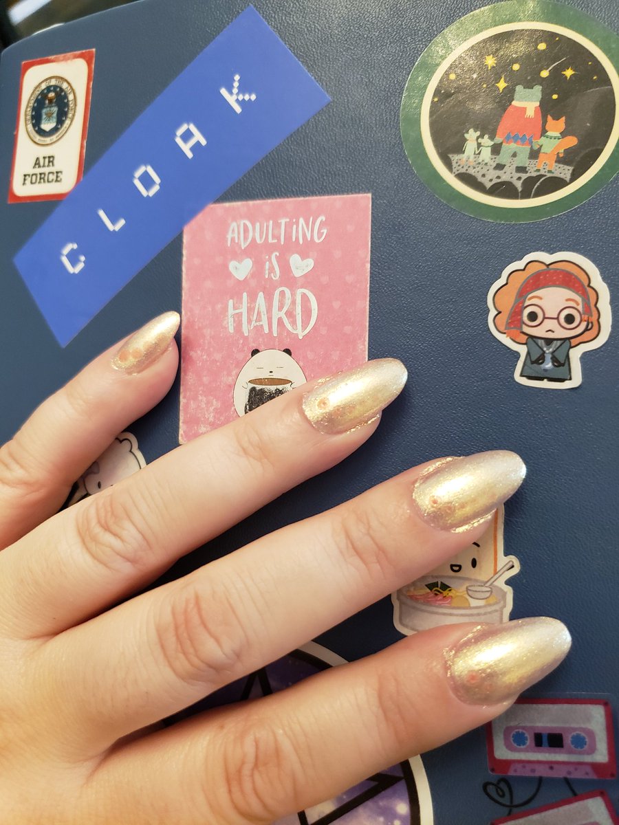 Felt down yesterday. So I glued on some claws and painted them champagne gold. Powers and Abilities: +2 back scratching, +5 glam, +3 🤘🤘, and +3 smiles. Weaknesses and Vulnerabilities: -6 typing and -10 caution in daily life. 
 #nailpolish #nailsoftheday #almondnails #goldnails