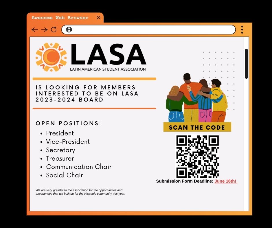 Hey, hey! The current LASA board is about to conclude its service term. We are recruiting members for President, Vice-President, Treasurer, Secretary, Social Chair, and Communications Chair positions.