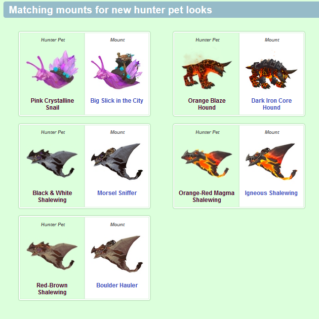 I've updated Petopia's 10.1 guide with charts of matching minipets & mounts for new hunter pets.

The number of matching snail pets is great! Though a bit sad there aren't more rock mouse minipets, or gold rock mouse hunter pets, since they're the best!

wow-petopia.com/patch101.php#m…