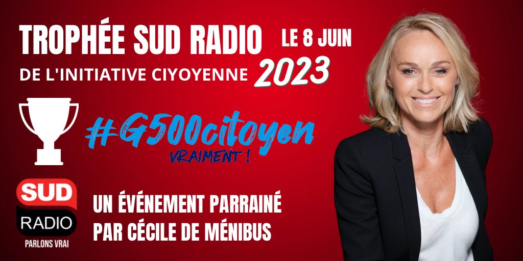 SudRadio's tweet photo. 🏆 #TropheeSudRadio de l'#InitiativeCitoyenne

🔴 À partir de ce soir, #LesVraiesVoix Citoyennes mettent à l'honneur les associations citoyennes et leurs initiatives inspirantes.

📅 RDV le 8 juin au #G5OO avec @cecile2menibus 

✨Plus d'info : https://t.co/eOEnY2R4Ue https://t.co/Ba2WH8GJ88