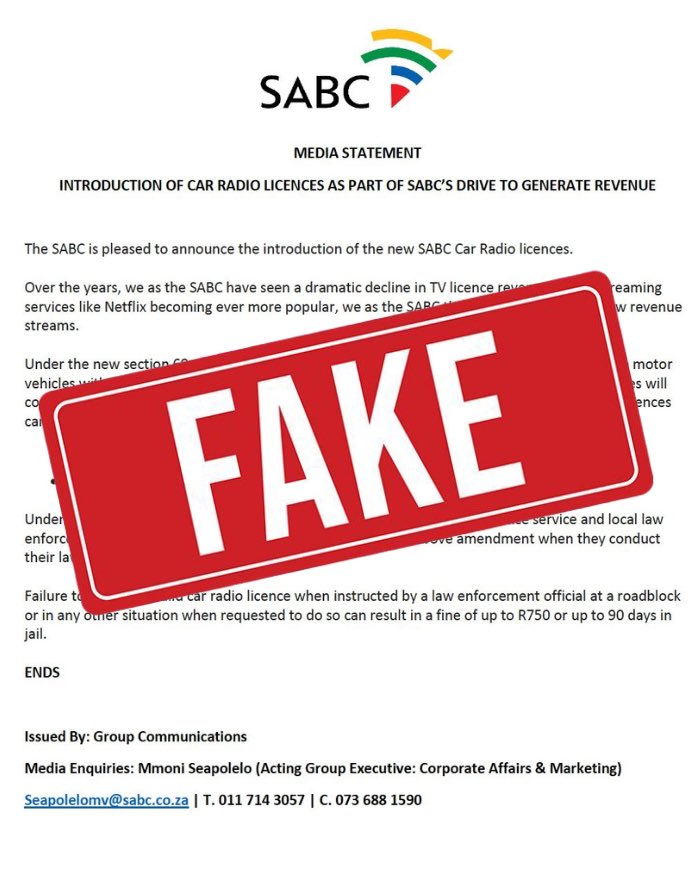 SABCPortal's tweet photo. The SABC would like to alert the public of a fake media statement which is circulating on various social media platforms titled “INTRODUCTION OF RADIO LICENCES AS PART SABC’S DRIVE TO GENERATE REVENUE”. https://t.co/MrFJ5Y3OMS