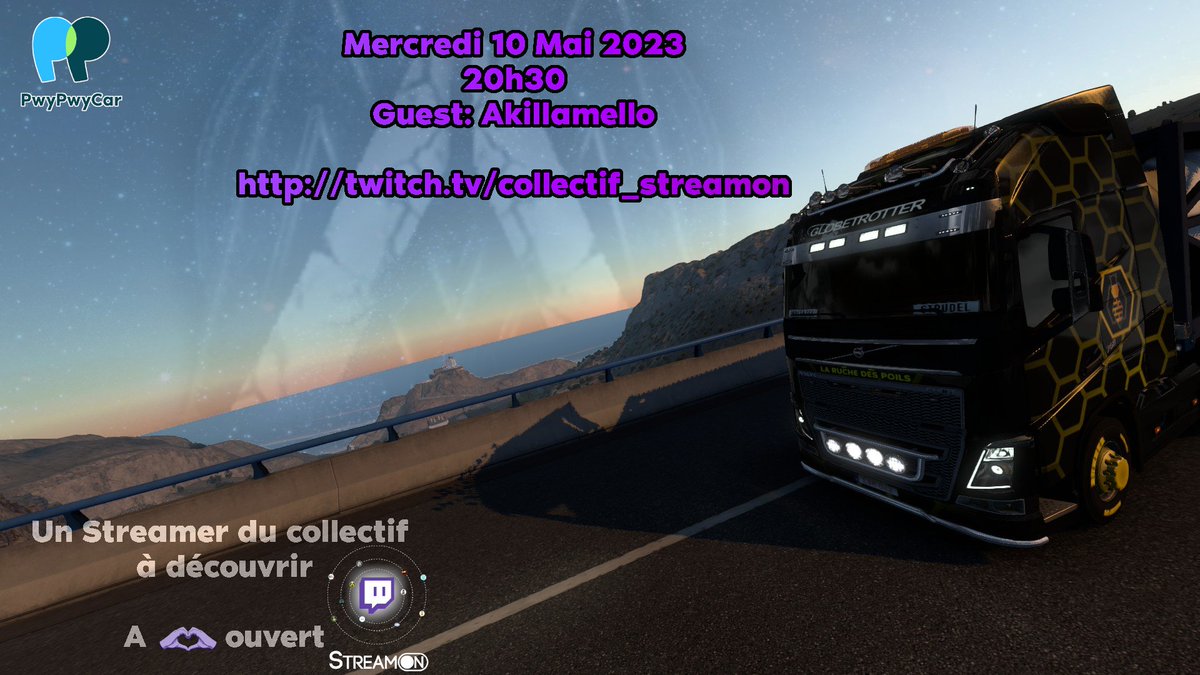 NOUVEAUTE!
De manière régulière, nous vous ferons découvrir un streamer de notre collectif!
Un jeu en ambiance de fond, du blabla pour apprendre à connaitre nos membres!
Première session ce mercredi avec <a href="/akillamello/">akillamello</a> sur #ETS2 
Ca se passera sur twitch.tv/collectif_stre…