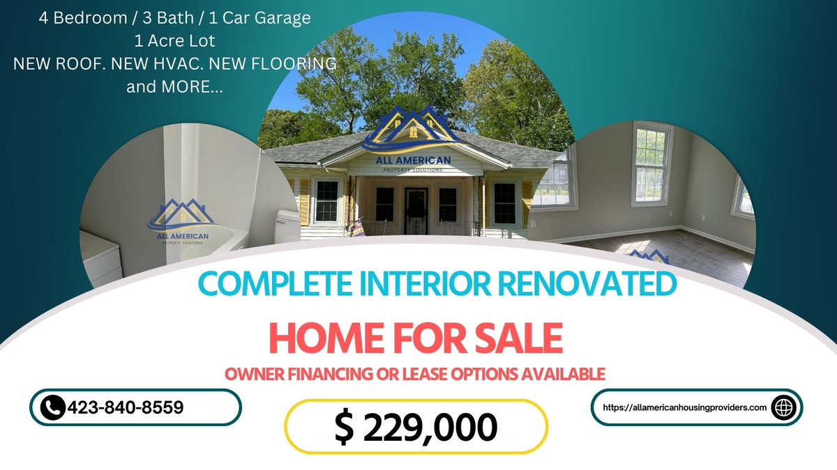 Chattanooga 4BD Home - Interior Completely Renovated – Lease-to-Own in the heart of downtown Chattanooga. Priced to sell at $229,000 with Owner Financing or Rent-to-Own today.  Call us at 423-840-8559 or at allamericanhousingproviders.com for additional information.