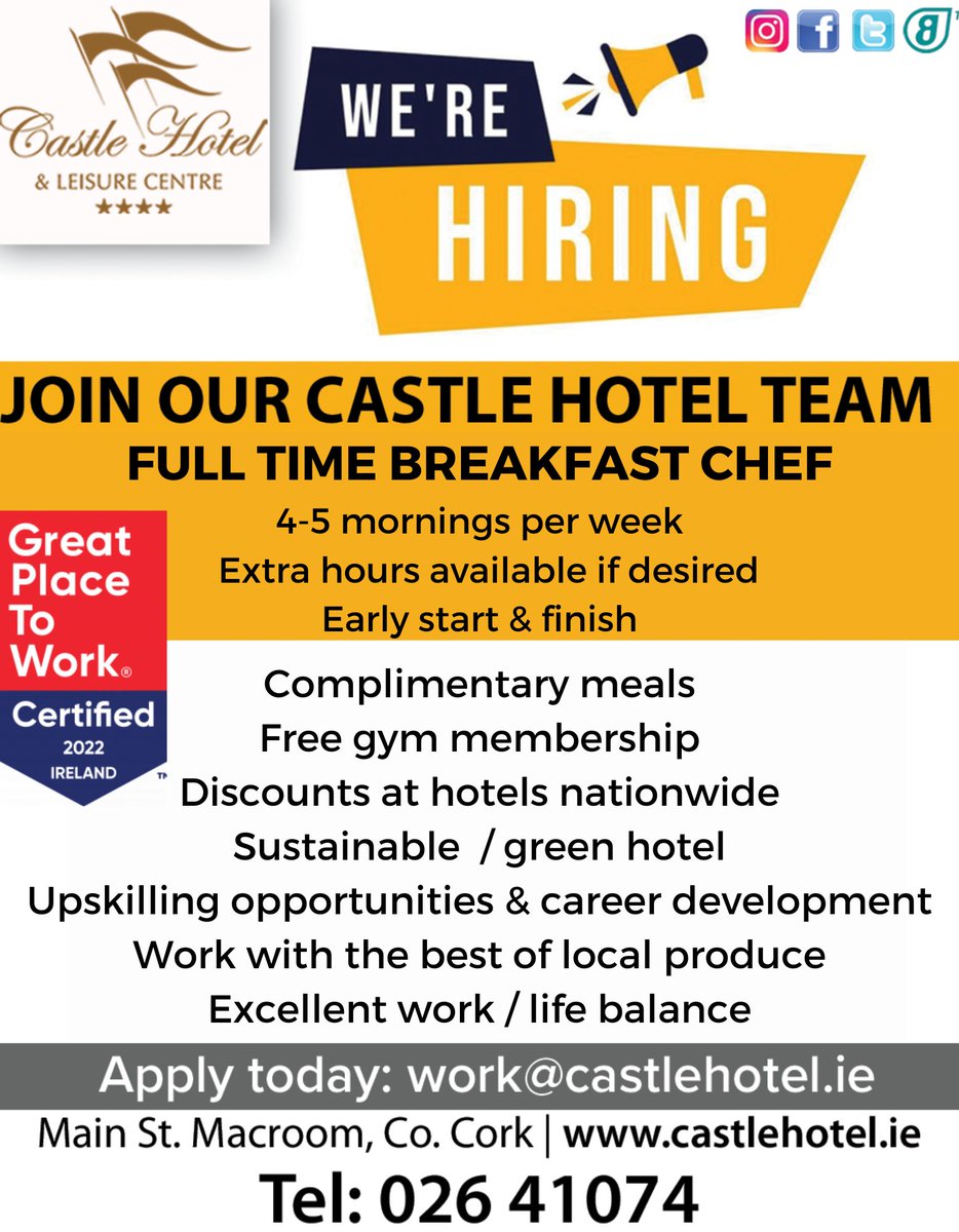 A great opportunity to join our team!
We're recruiting for the position of Breakfast Chef.
Please apply to: work@castlehotel.ie
#corkjobs
#macroom
<a href="/CorkJobFairy/">Cork Job Fairy</a>
@careercork