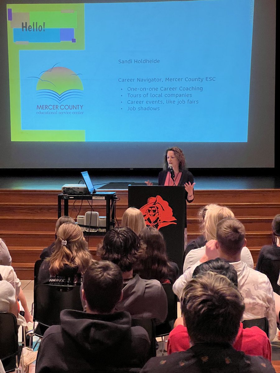 CWMiddleSchool's tweet photo. Thanks Sandi Holdheide, Career Navigator @MercerCountyESC for kicking off our Get REAL Week Career Day with our 7th and 8th students! It’s never too early to start thinking about your future! #whatsyourpassion #cavpride https://t.co/eqceu1Ncjk