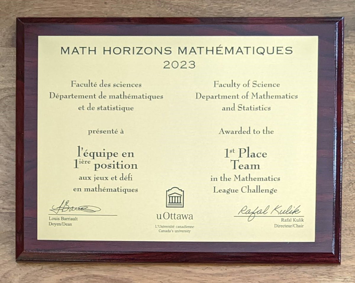 It’s been 2 decades of sending teams to the U of Ottawa Math tournament, often finishing in 4th place among some 30 top schools in Ottawa, we finally won! Congrats to Guna Kim, Joseph Guay, Owen Thiele and Nicolas Benavides. The Ottawa mayor was there to hand out the awards.